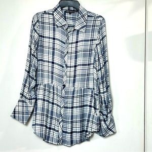 Tolani Navy Plaid Medallion Back Peplum Button Up Button Shirt Size Small